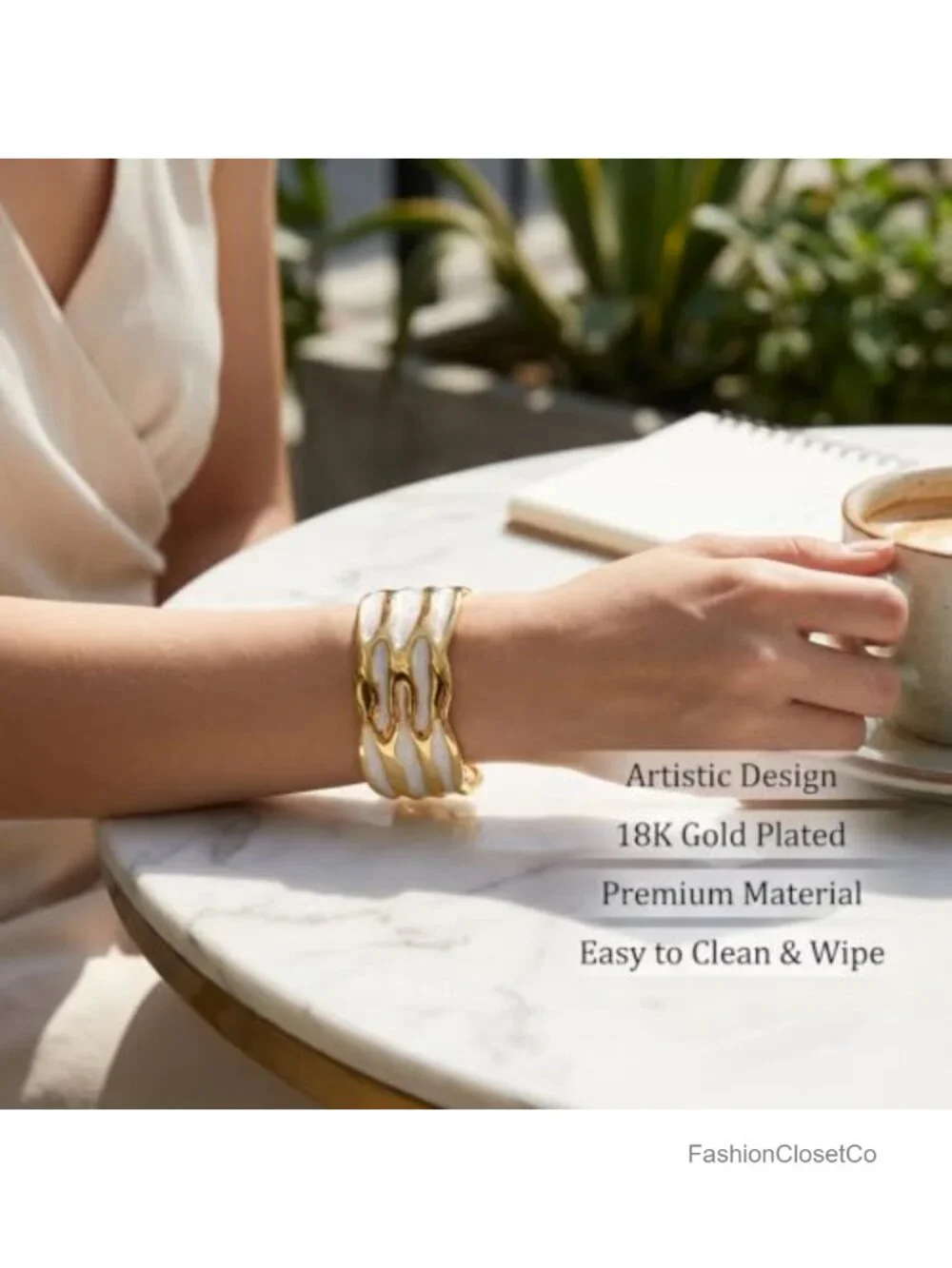 18K Gold Plated White Enamel Cuff Bracelet for Women